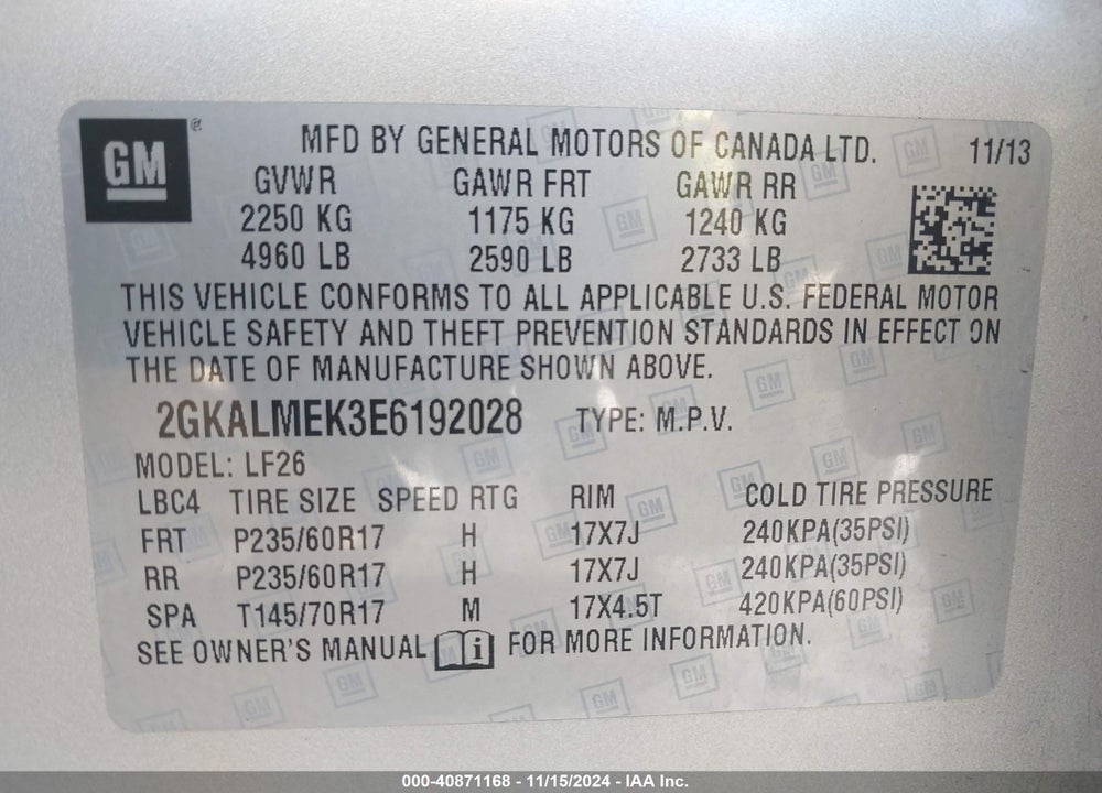 2014 GMC TERRAIN SLE-1 VIN: 2GKALMEK3E6192028