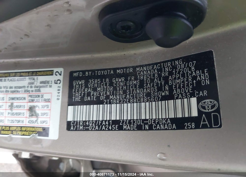 2008 TOYOTA COROLLA CE VIN: 2T1BR32E88C885607