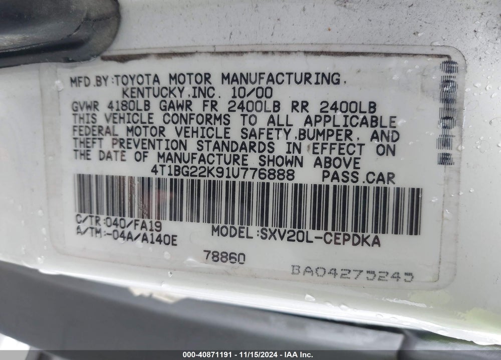 2001 TOYOTA CAMRY CE VIN: 4T1BG22K91U776888