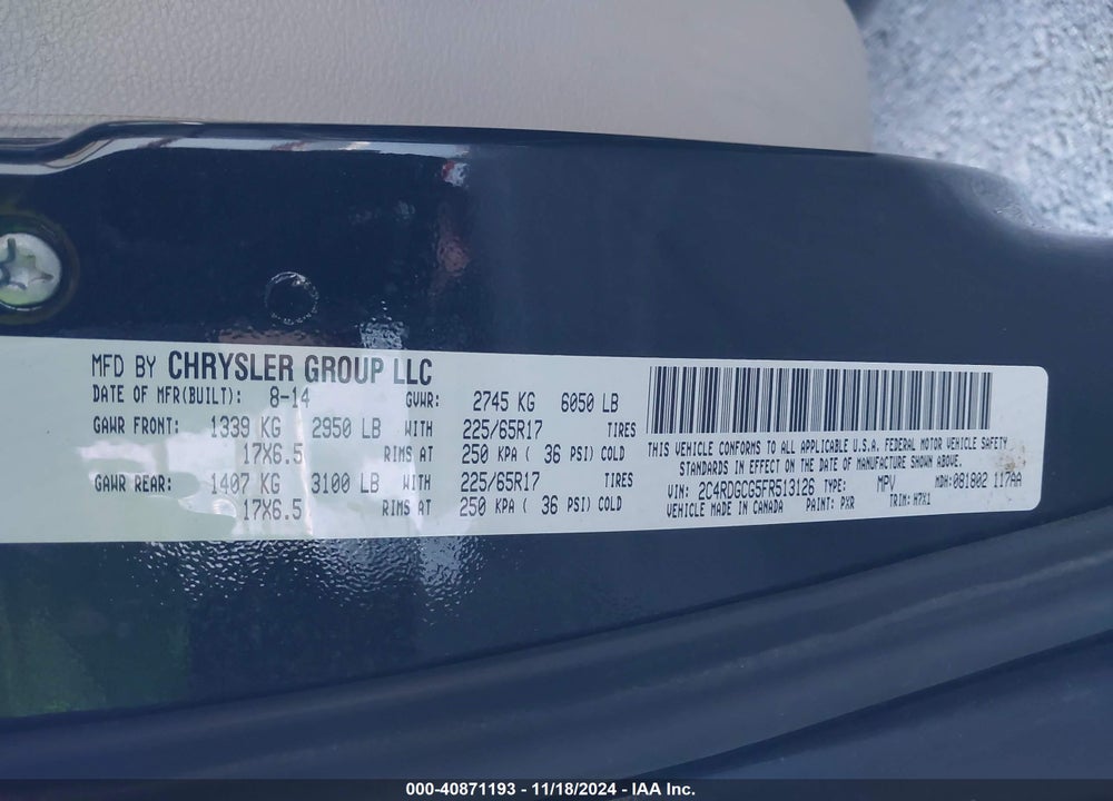 2015 DODGE GRAND CARAVAN SXT VIN: 2C4RDGCG5FR513126