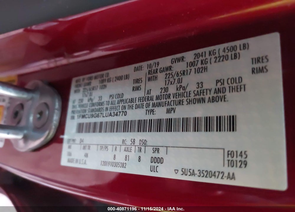 2020 FORD ESCAPE SE VIN: 1FMCU9G67LUA34770