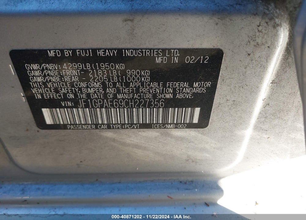 2012 SUBARU IMPREZA VIN: JF1GPAE69CH227356