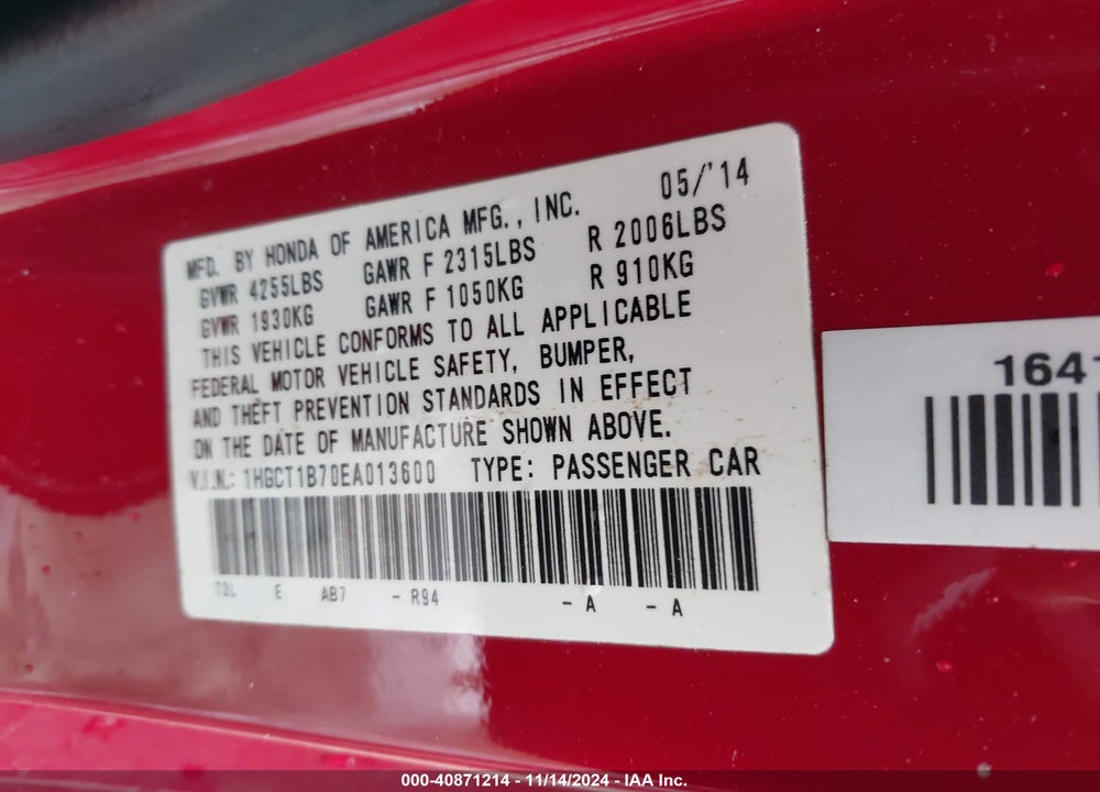 2014 HONDA ACCORD EX VIN: 1HGCT1B70EA013600
