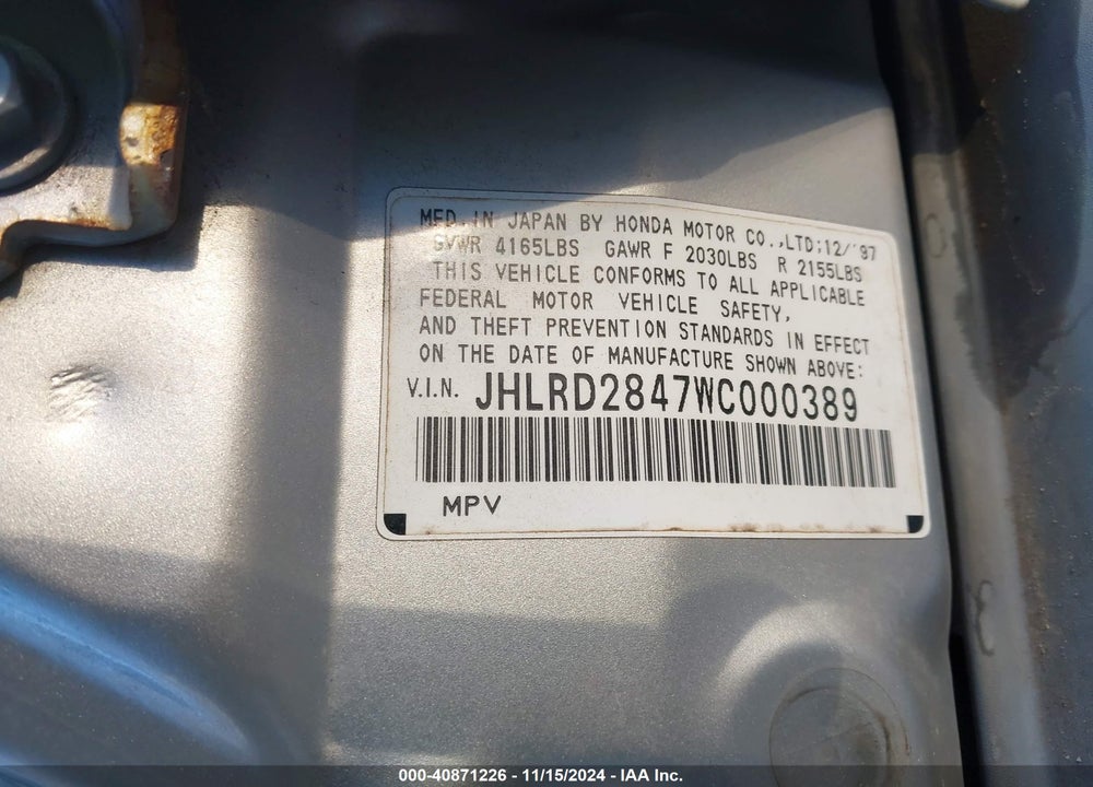 1998 HONDA CR-V LX VIN: JHLRD2847WC000389