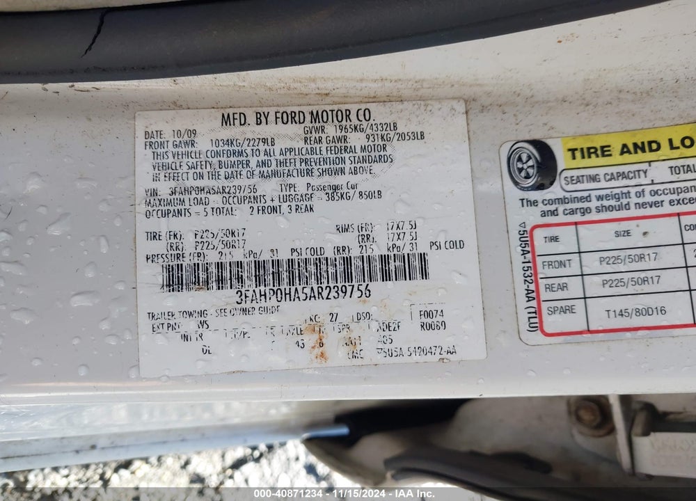 2010 FORD FUSION SE VIN: 3FAHP0HA5AR239756
