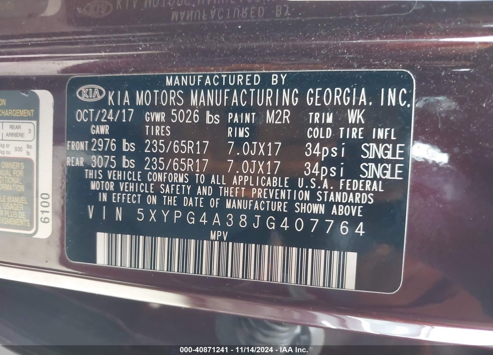 2018 KIA SORENTO 2.4L LX VIN: 5XYPG4A38JG407764