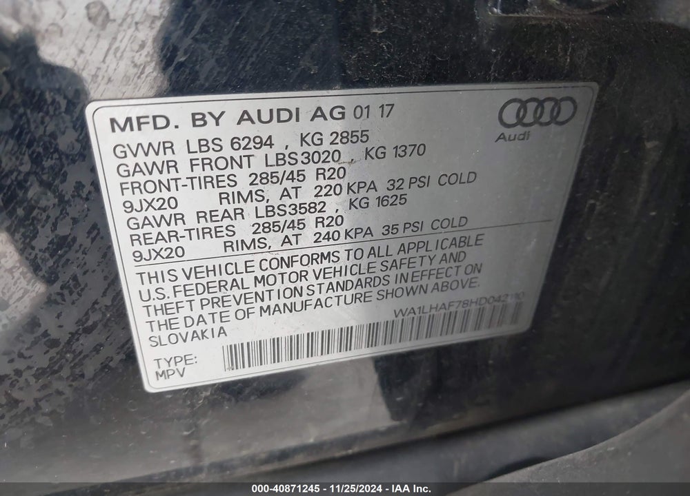 2017 AUDI Q7 2.0T PREMIUM VIN: WA1LHAF78HD042110