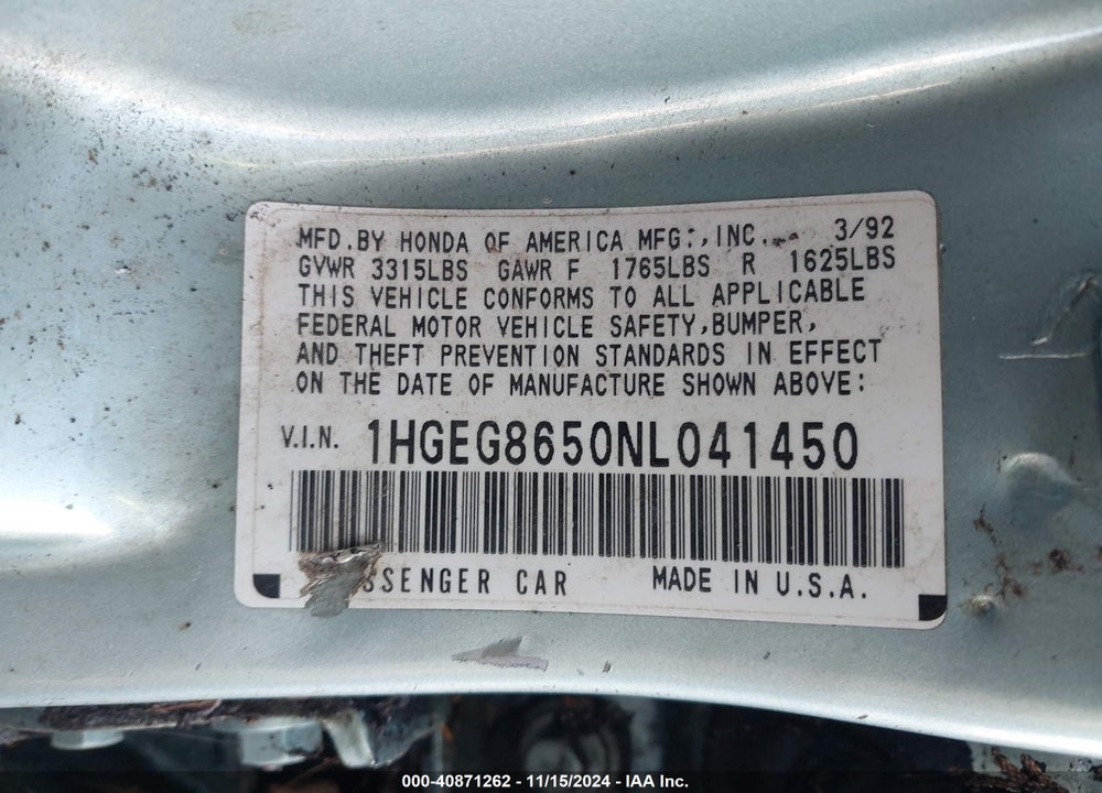 1992 HONDA CIVIC LX VIN: 1HGEG8650NL041450