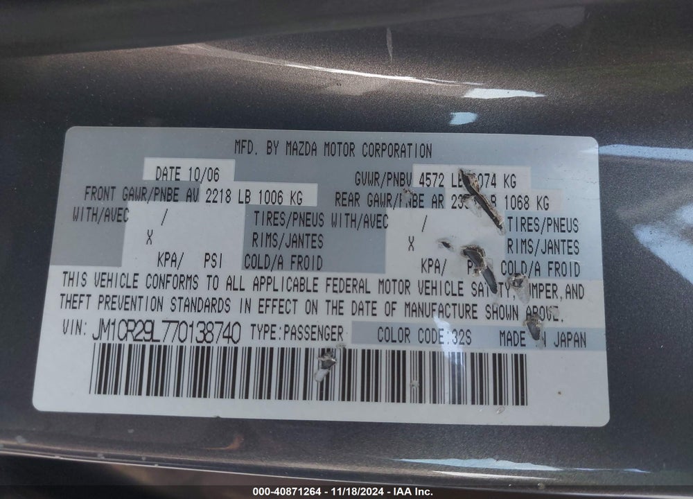 2007 MAZDA 5 SPORT VIN: JM1CR29L770138740