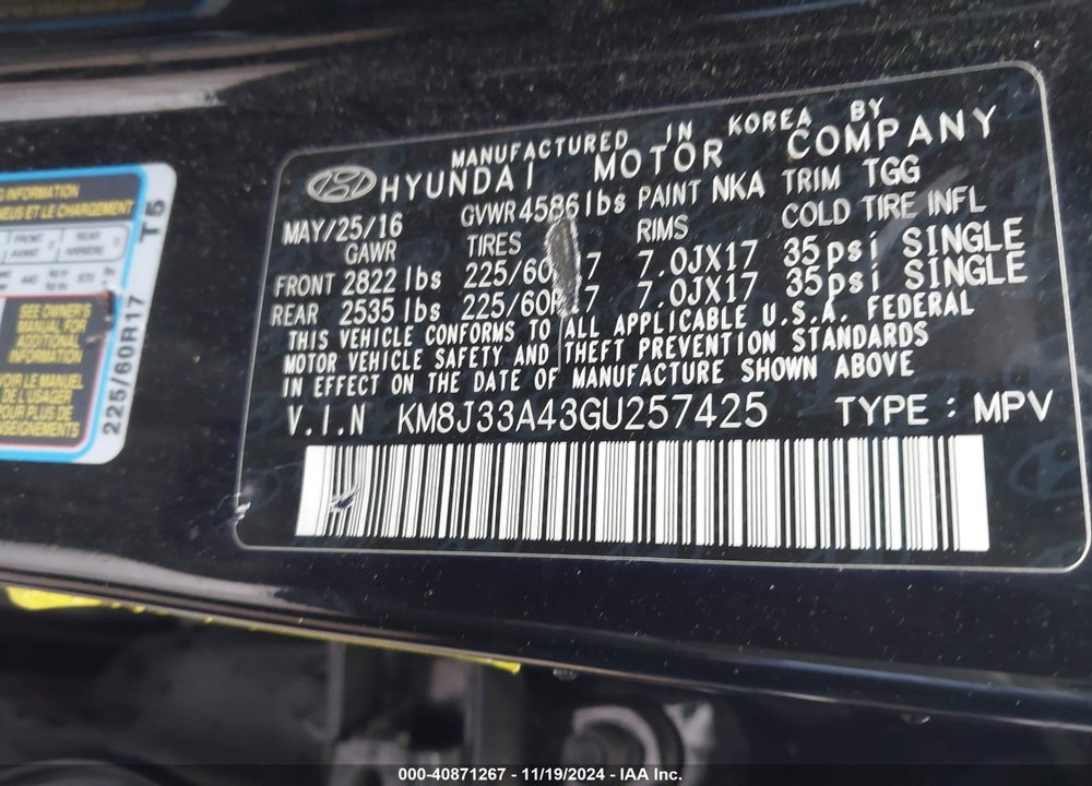 2016 HYUNDAI TUCSON SE VIN: KM8J33A43GU257425