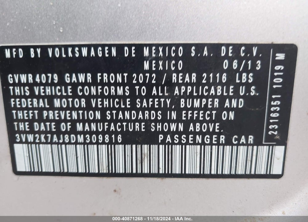 2013 VOLKSWAGEN JETTA 2.0L S VIN: 3VW2K7AJ8DM309816