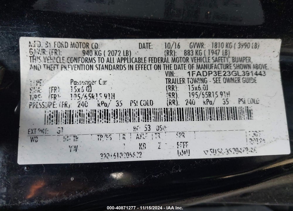2016 FORD FOCUS S VIN: 1FADP3E23GL391443