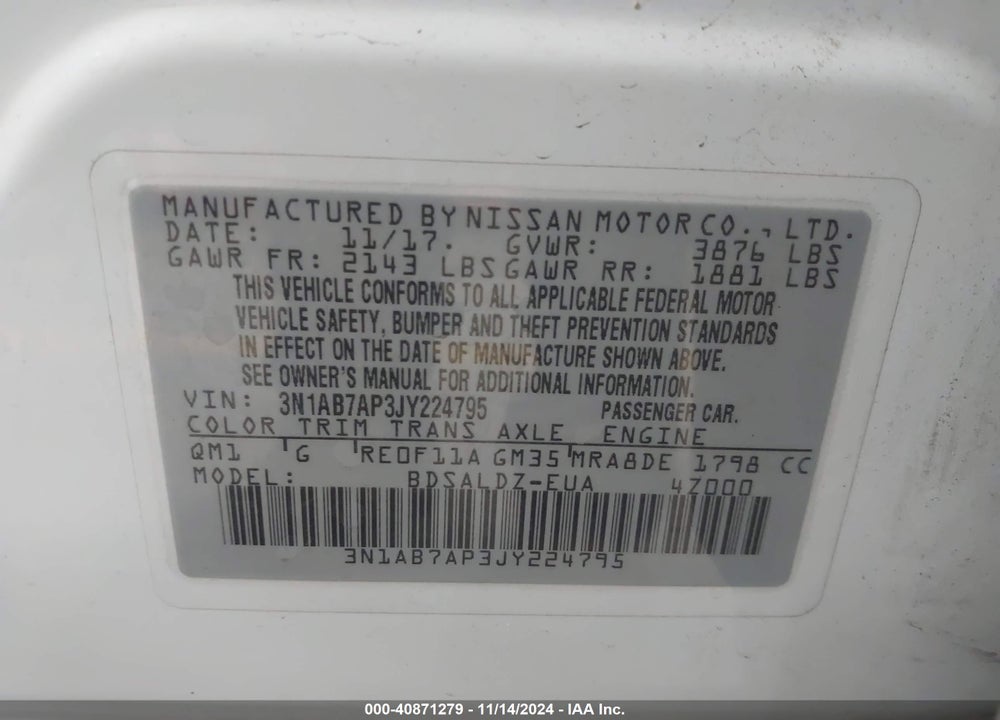 2018 NISSAN SENTRA SV VIN: 3N1AB7AP3JY224795