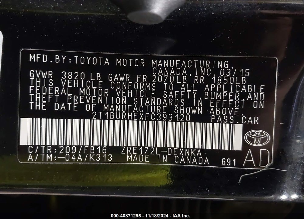 2015 TOYOTA COROLLA LE VIN: 2T1BURHEXFC393120