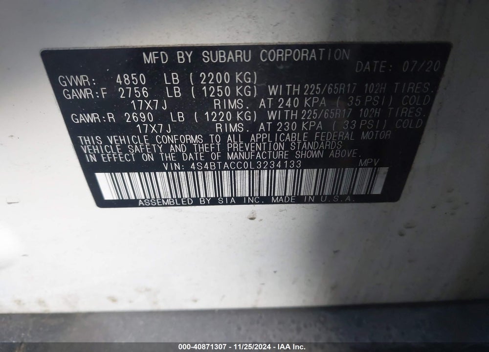2020 SUBARU OUTBACK PREMIUM VIN: 4S4BTACC0L3234133