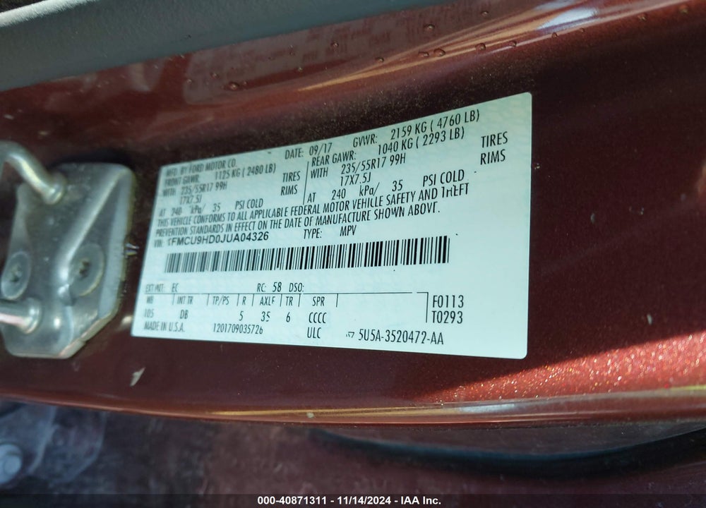 2018 FORD ESCAPE SEL VIN: 1FMCU9HD0JUA04326