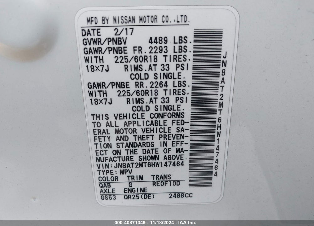 2017 NISSAN ROGUE SL VIN: JN8AT2MT6HW147464