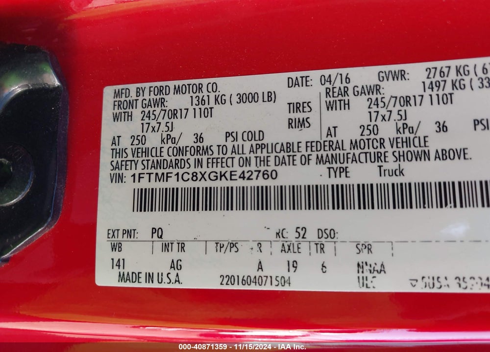 2016 FORD F-150 XL VIN: 1FTMF1C8XGKE42760