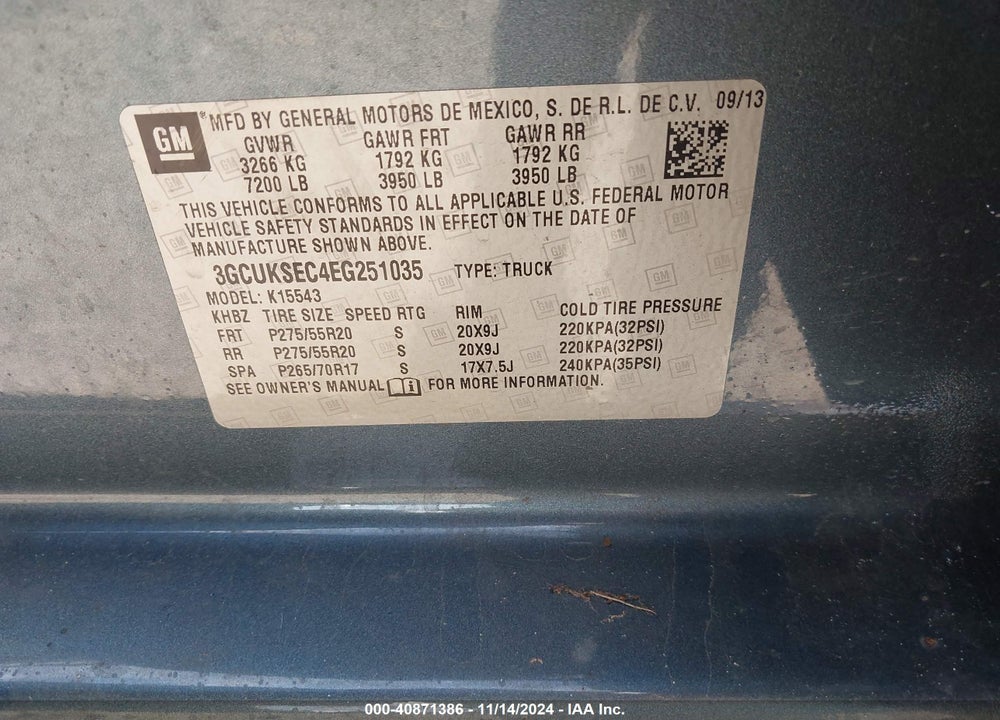 2014 CHEVROLET SILVERADO 1500 1LZ VIN: 3GCUKSEC4EG251035