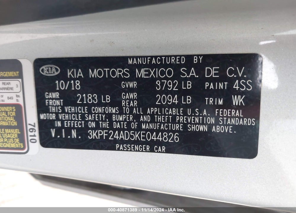 2019 KIA FORTE LXS VIN: 3KPF24AD5KE044826