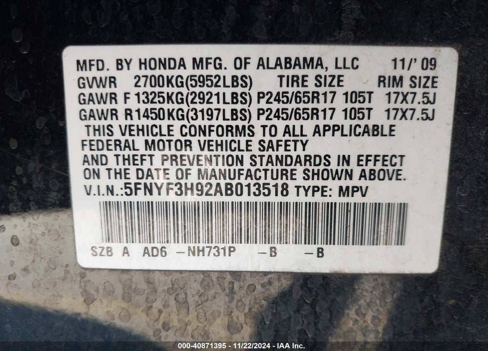 2010 HONDA PILOT TOURING VIN: 5FNYF3H92AB013518