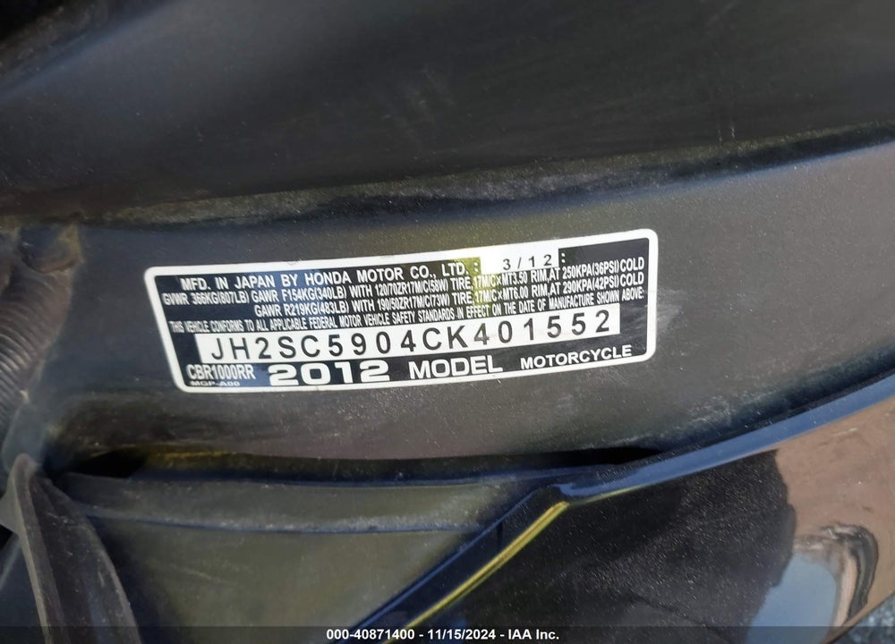 2012 HONDA CBR1000 RR VIN: JH2SC5904CK401552