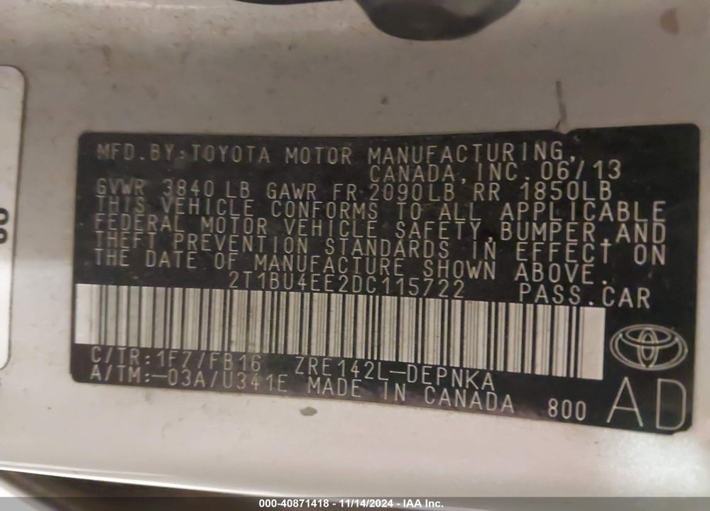 2013 TOYOTA COROLLA LE VIN: 2T1BU4EE2DC115722