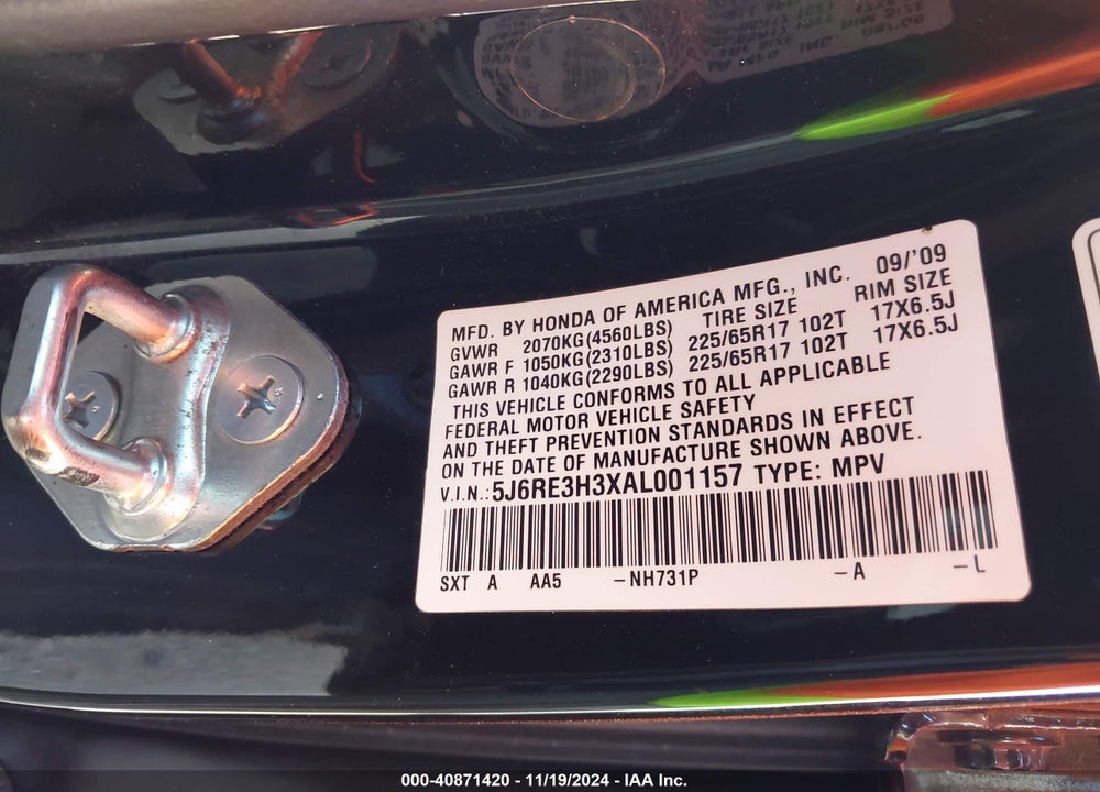 2010 HONDA CR-V LX VIN: 5J6RE3H3XAL001157