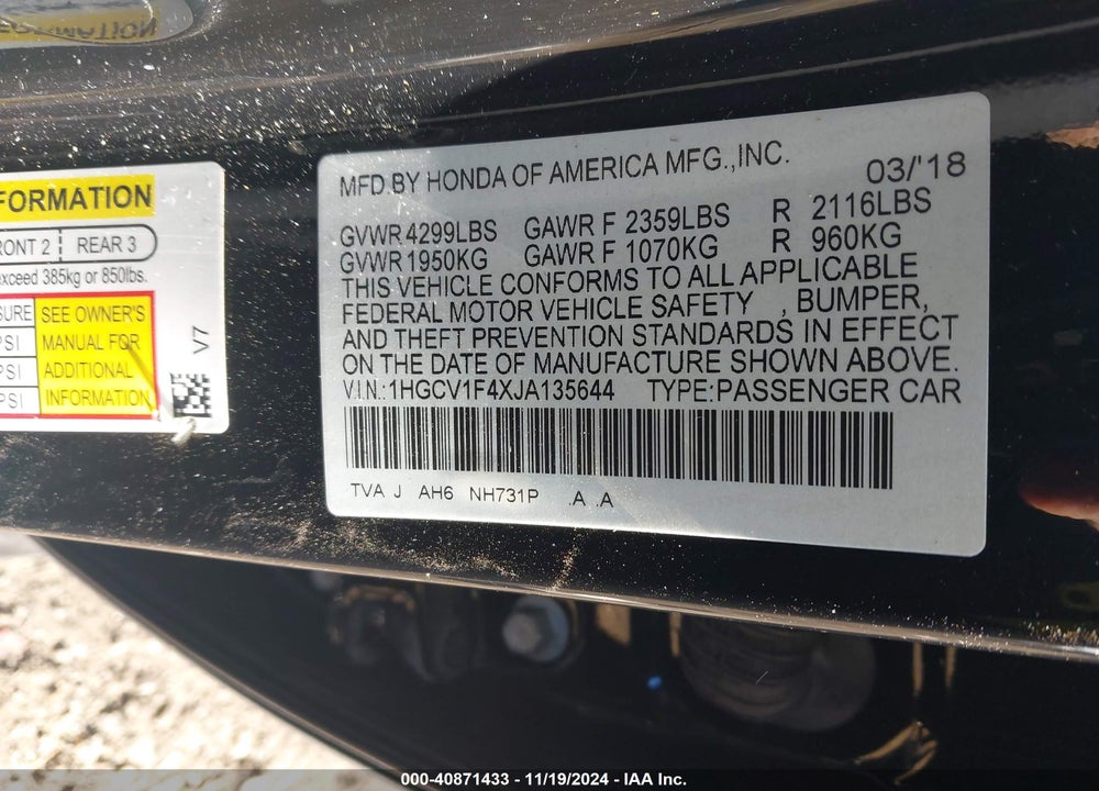 2018 HONDA ACCORD EX VIN: 1HGCV1F4XJA135644