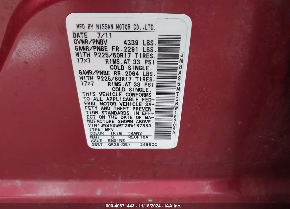 2011 NISSAN ROGUE SV VIN: JN8AS5MT2BW187889