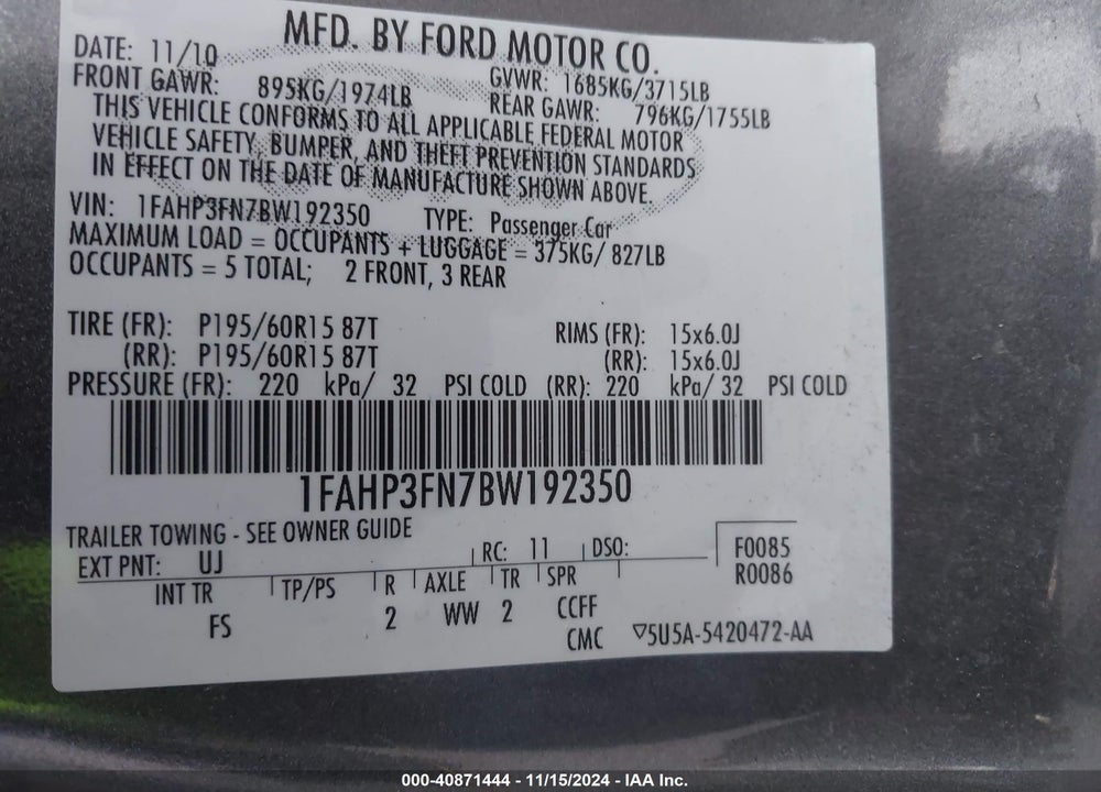 2011 FORD FOCUS SE VIN: 1FAHP3FN7BW192350