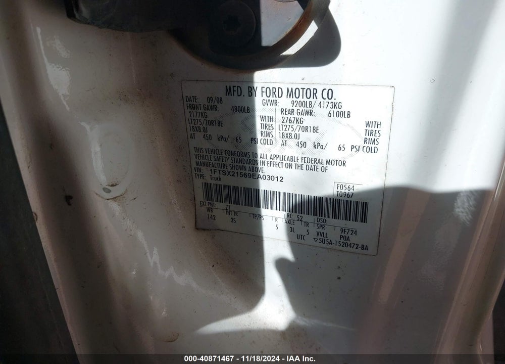 2009 FORD F-250 FX4/LARIAT/XL/XLT VIN: 1FTSX21569EA03012