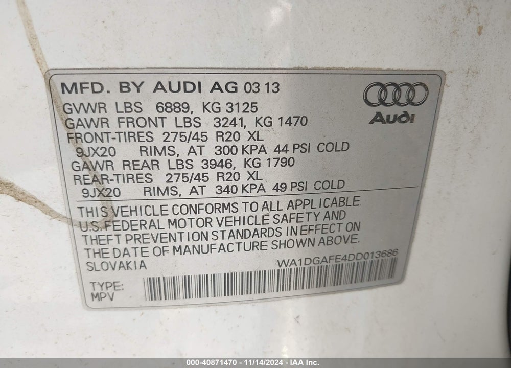 2013 AUDI Q7 3.0T S LINE PRESTIGE VIN: WA1DGAFE4DD013686