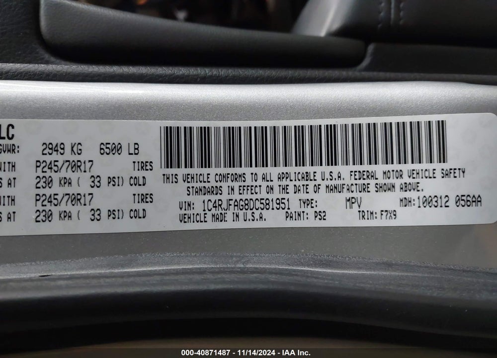 2013 JEEP GRAND CHEROKEE LAREDO VIN: 1C4RJFAG8DC581951