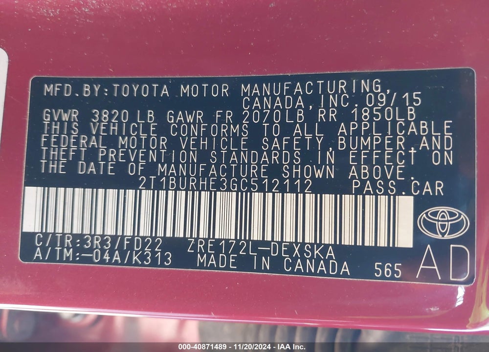 2016 TOYOTA COROLLA S PLUS VIN: 2T1BURHE3GC512112