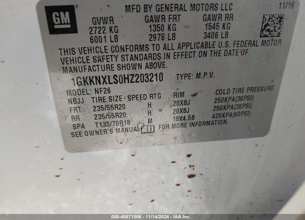 2017 GMC ACADIA DENALI VIN: 1GKKNXLS0HZ203210