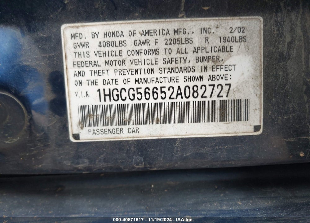 2002 HONDA ACCORD 2.3 EX VIN: 1HGCG56652A082727
