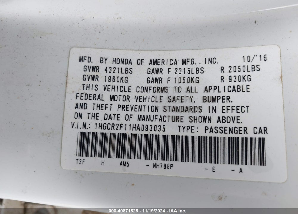 2017 HONDA ACCORD SPORT SE VIN: 1HGCR2F11HA093035