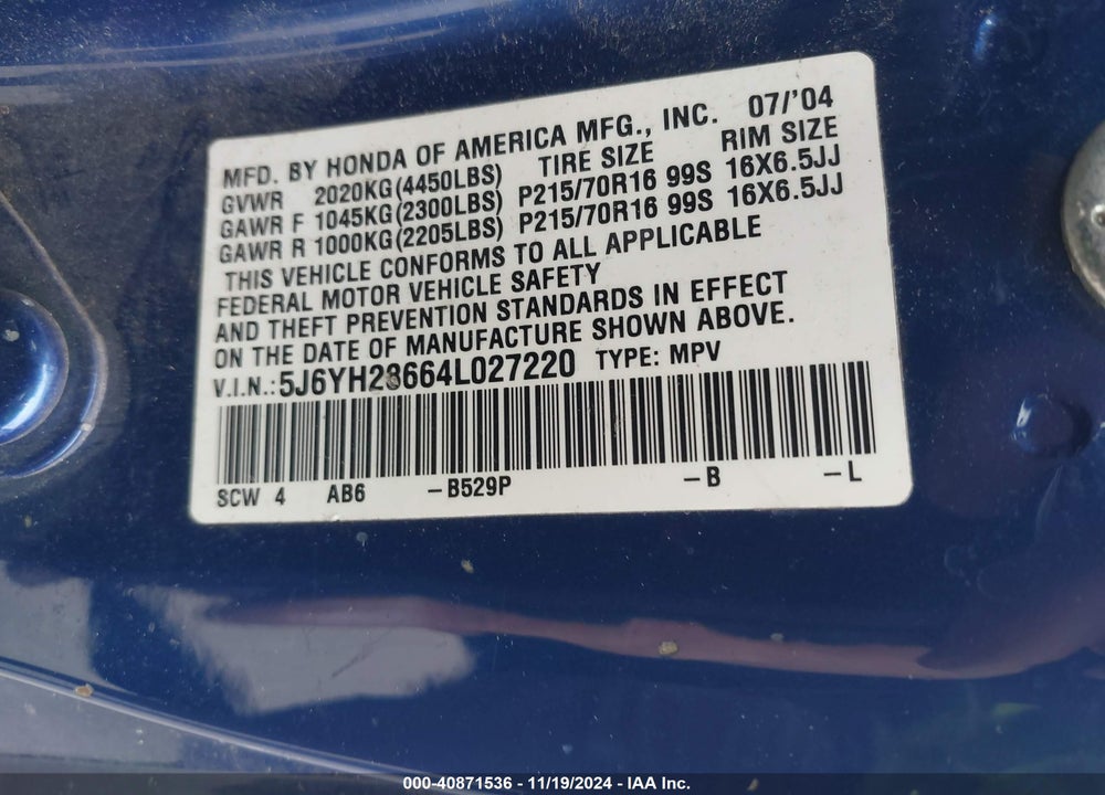 2004 HONDA ELEMENT EX VIN: 5J6YH28664L027220