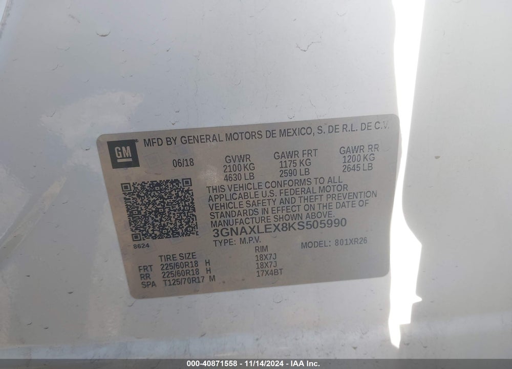 2019 CHEVROLET EQUINOX LT VIN: 3GNAXLEX8KS505990