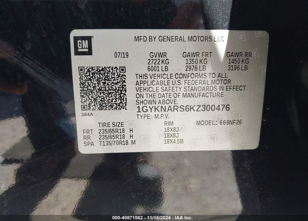 2019 CADILLAC XT5 STANDARD VIN: 1GYKNARS6KZ300476