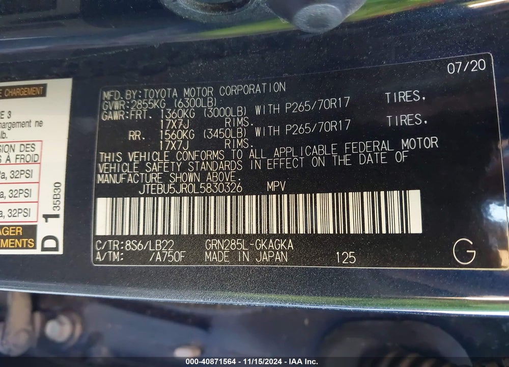 2020 TOYOTA 4RUNNER VIN: JTEBU5JR0L5830326