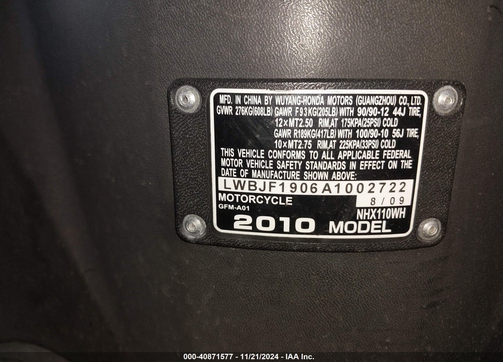 2010 HONDA NHX110 VIN: LWBJF1906A1002722
