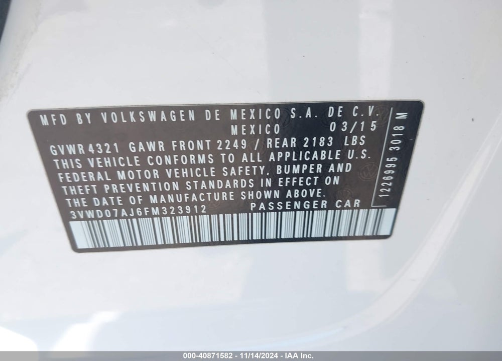 2015 VOLKSWAGEN JETTA VIN: 3VWD07AJ6FM323912