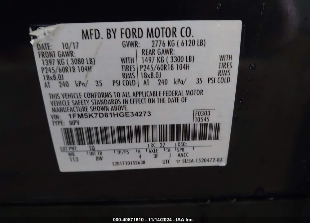2017 FORD EXPLORER XLT VIN: 1FM5K7D81HGE34273