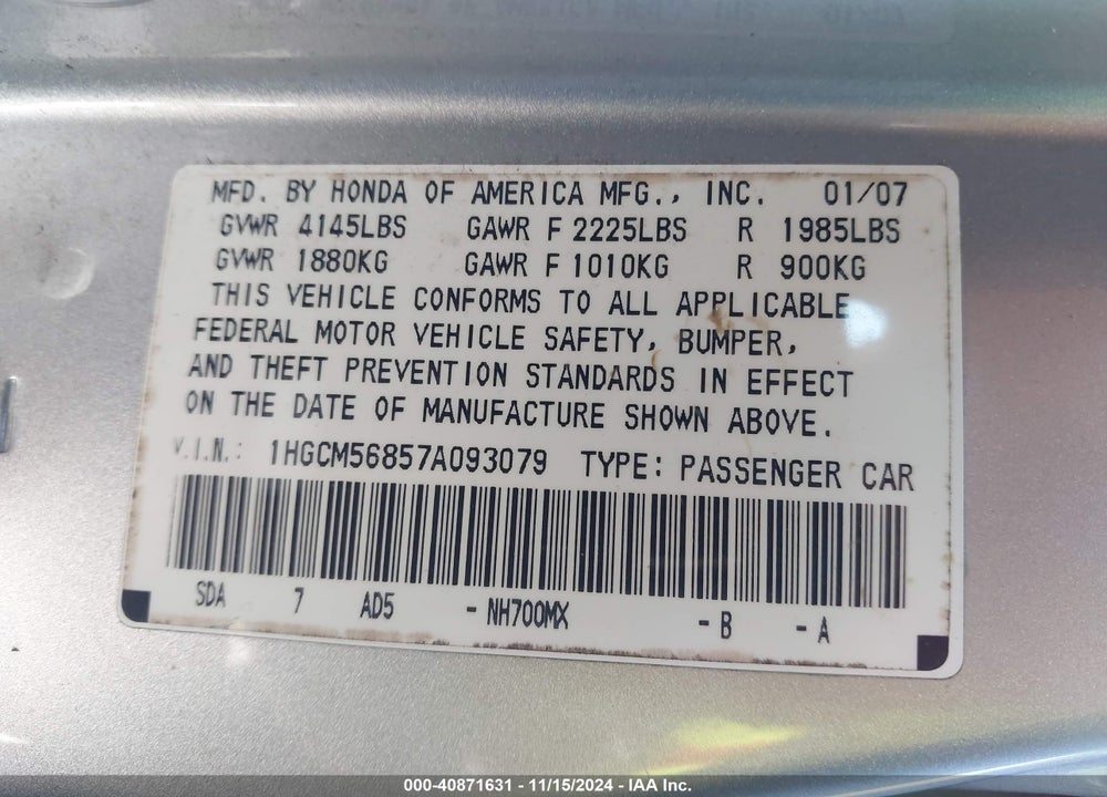 2007 HONDA ACCORD 2.4 EX VIN: 1HGCM56857A093079