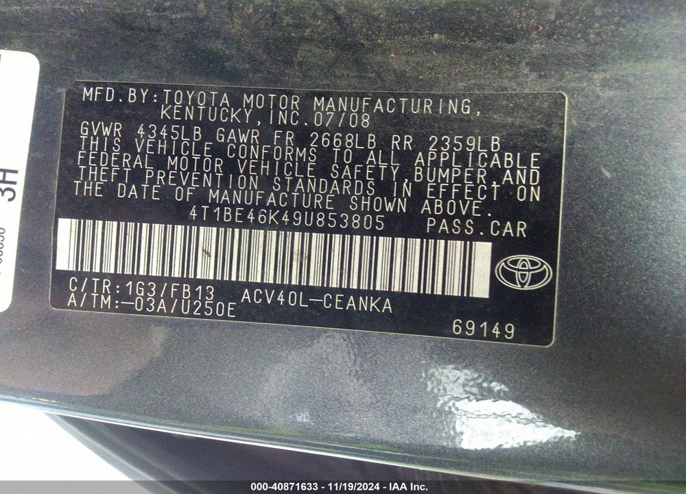 2009 TOYOTA CAMRY LE VIN: 4T1BE46K49U853805
