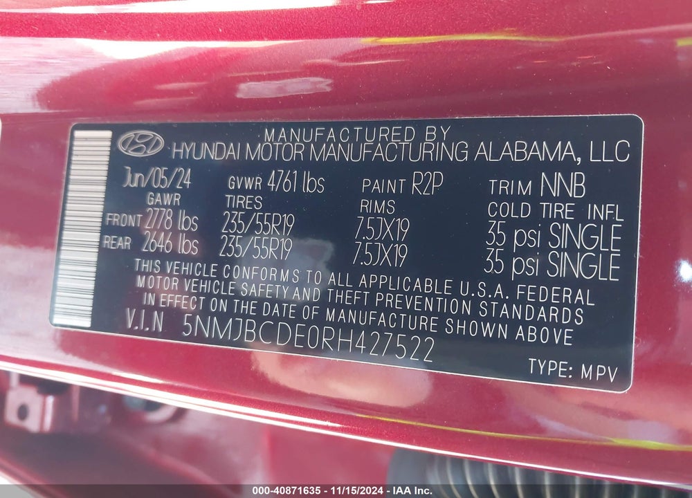 2024 HYUNDAI TUCSON SEL VIN: 5NMJBCDE0RH427522