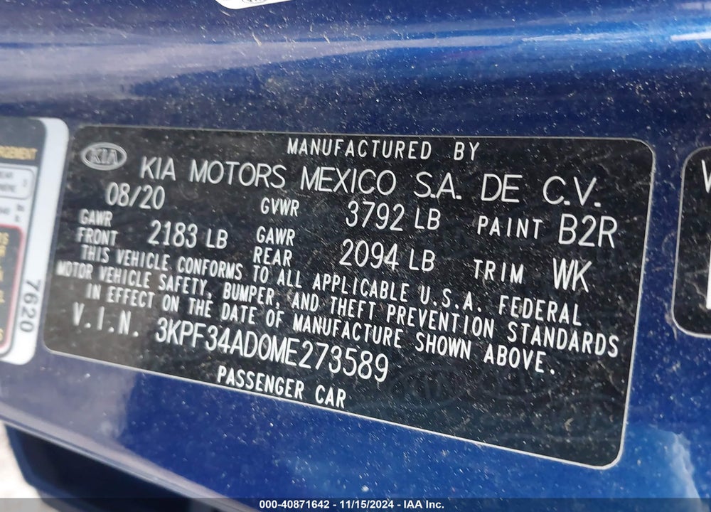 2021 KIA FORTE GT LINE VIN: 3KPF34AD0ME273589