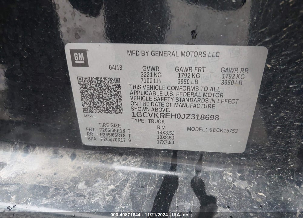 2018 CHEVROLET SILVERADO VIN: 1GCVKREH0JZ318698